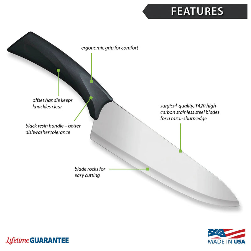 Rada Cutlery Anthem Series French Chef Knife Stainless Steel Blade with Ergonomic Black Resin Handle - 13-3/8 Inches